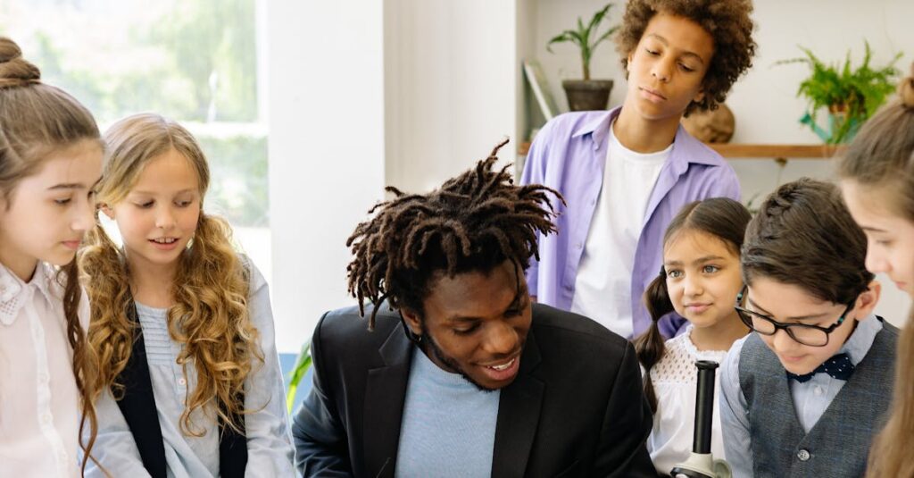 A diverse group of students learning with a teacher in a bright classroom setting.